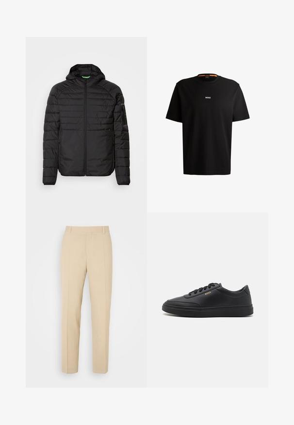 Veste à capuche matelassée noire avec fermeture éclair à l'avant, poches latérales zippées et une poche zippée sur la manche gauche sur fond blanc.; T-shirt en coton noir avec un col rond, des manches courtes, et le logo blanc "BOSS" centré sur la poitrine. Texture lisse, coupe décontractée.; Pantalons beige ajustés avec une coupe droite, fabriqués en tissu léger, dotés de deux poches avant et de plis bien repassés.; Baskets en cuir noir avec une texture lisse, bout rond, semelle en caoutchouc plate et lacets ton sur ton. Présente une marque "BOSS" dorée sur le côté.