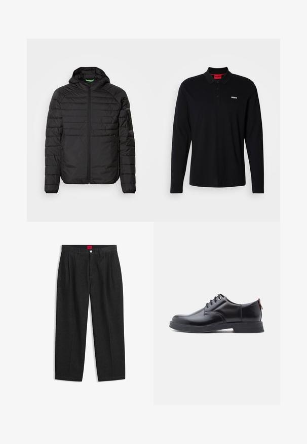 Schwarze gesteppte Kapuzenjacke mit Frontreißverschluss, seitlichen Reißverschlusstaschen und einer Reißverschlusstasche auf dem linken Ärmel vor einem weißen Hintergrund.; Schwarzes Longsleeve-Polohemd aus Baumwolle mit rotem Kragen und Drei-Knopf-Leiste, ausgestattet mit einem weißen "HUGO"-Logo auf der Brust.; Schwarze Hose mit hoher Taille, vorderen Falten, Gürtelschlaufen, Knopf- und Reißverschluss sowie einem roten Etikett innen am Bund.; Schwarze Leder-Schnürschuhe mit glatter Textur, rundem Zehenbereich und dezenten Ziernähten. Mit einem roten Laschenband an der Ferse.