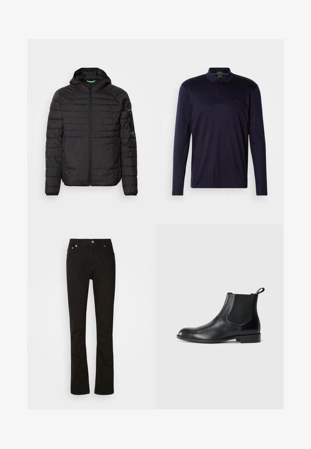 Veste à capuche matelassée noire avec fermeture éclair à l'avant, poches latérales zippées et une poche zippée sur la manche gauche sur fond blanc.; Polo à manches longues bleu marine en coton doux, avec une patte de boutonnage à trois boutons et un logo brodé sur la poitrine. Texture lisse.; Jeans en denim noir au design droit, avec poches avant, braguette zippée et accents en métal argenté. Texture lisse, sans motifs.; Bottine en cuir noir avec des panneaux latéraux élastiques, bout rond et tirette. Texture lisse, semelle plate, design minimaliste.