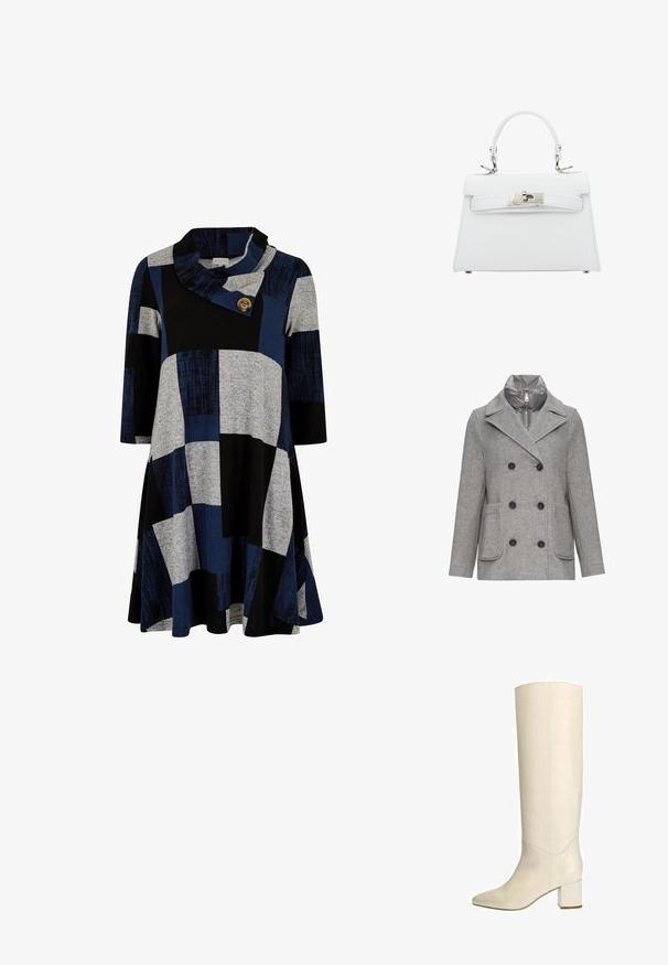 Manteau en mélange de laine gris avec un design croisé, de grands boutons noirs, deux poches avant et une couche intérieure rembourrée amovible.; Apricot BLOCK SWING - Robe en jersey - teal; Botte en cuir blanc à hauteur de genoux, avec un bout pointu et un talon large. Texture lisse et détails de couture minimaux, offrant une silhouette élégante.; Sac à main en cuir blanc avec un design structuré, poignée supérieure et quincaillerie argentée, présentant une fermeture à boucle et des détails de surpiqûre subtils.