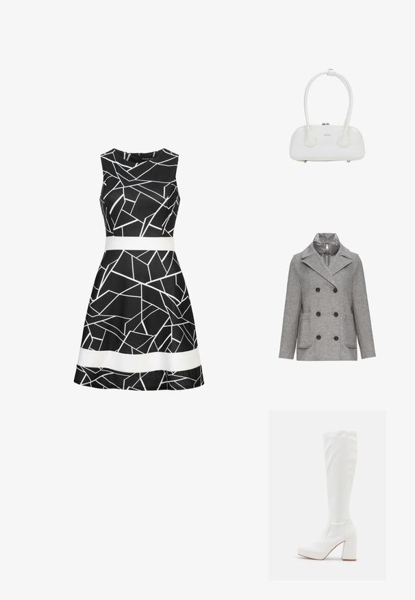 Manteau en mélange de laine gris avec un design croisé, de grands boutons noirs, deux poches avant et une couche intérieure rembourrée amovible.; Robe sans manches noire avec un motif géométrique blanc et une ceinture blanche contrastante à la taille. Tissu lisse et design de jupe évasée.; RAID CANNON - Bottes à plateau - white; Sac à main en cuir verni blanc avec poignées doubles arrondies, fermeture éclair argentée et logo discret "estro" sur le devant.