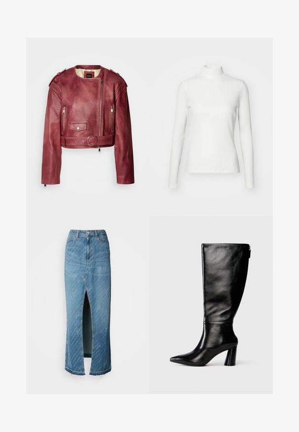 Kurze Lederjacke in tiefem Burgunderrot mit rundem Ausschnitt und tailliertem Schnitt. Verfügt über Reißverschlüsse, einen Gürtel in der Taille und eine gesteppten Futter.; Weißes geripptes Turtleneck-Oberteil mit langen Ärmeln, aus elastischem Stoff. Verfügt über ein enganliegendes Design und einen hohen Kragen für zusätzlichen Schutz.; Blaue Jeans-Midirock mit einem vorderen Schlitz, verblasster Textur und weißen Schriftmustern. Mit klassischem Taillenbund und ausgefranstem Saum.; Knöchelhohe schwarze Lederstiefel mit einer spitzen Zehe, glatter Oberfläche und einem klobigen Absatz. Verfügt über einen Reißverschluss hinten.