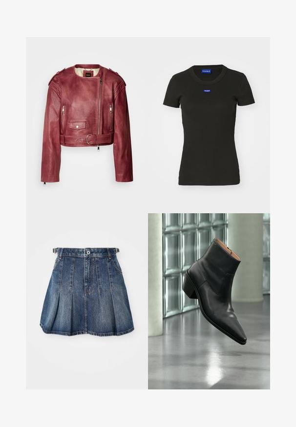 Chaqueta de cuero corta en burdeos profundo con cuello redondo y corte ajustado. Cuenta con cremalleras, una cintura con cinturón y forro acolchado.; Camiseta negra de manga corta hecha de algodón acanalado, con una placa del logo azul "HUGO" en el frente. Diseño clásico de cuello redondo.; Falda de mezclilla con un lavado azul oscuro, diseño plisado, cierre de botones y pasadores para cinturón. Cuenta con sutiles acentos de costura y bolsillos laterales.; Botín de piel negra con puntera puntiaguda y tacón cuadrado que levita sobre un suelo gris reflectante cerca de una pared de bloques de cristal.