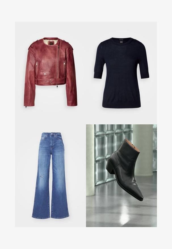 Korte leren jas in diep bordeaux met een ronde halslijn en cropped pasvorm. Heeft ritssluitingen, een ceintuur en gevoerde voering.; Marineblauwe trui met korte mouwen, gemaakt van lichtgewicht gebreide stof. Kenmerkt zich door een ronde halslijn en een geribbelde zoom voor een aansluitende pasvorm.; Brede blauwe denim jeans met een hoge taille, met een ver-sleten detail bij de knie en een gladde textuur. Klassiek vijf-pocket ontwerp.; Zwarte leren enkellaars met een spitse neus en blokhak die zweeft boven een reflecterende grijze vloer nabij een glazen blokmuur.