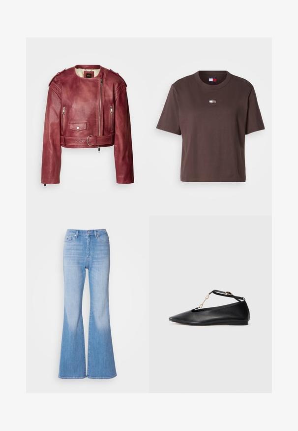 Kurze Lederjacke in tiefem Burgunderrot mit rundem Ausschnitt und tailliertem Schnitt. Verfügt über Reißverschlüsse, einen Gürtel in der Taille und eine gesteppten Futter.; Braunes Baumwoll-T-Shirt mit klassischem Rundhalsausschnitt, kurzen Ärmeln und einem kleinen gestickten Logo in kontrastierenden Farben auf der Brust.; Helle blaue, ausgestellte Jeans mit hoher Taille, ausgestattet mit einem Knopfverschluss und Gürtelschlaufen. Glatte Textur und ausgewaschener Look bis zu den Beinen.; Schwarze Leder-Ballerinas mit spitzem Zehenbereich, Cut-Out-Design, Knöchelriemen und goldener Kettenakzent. Glatte Textur, minimaler Absatz.