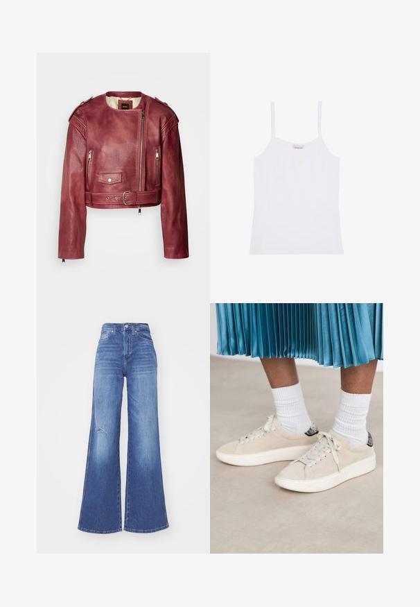Korte leren jas in diep bordeaux met een ronde halslijn en cropped pasvorm. Heeft ritssluitingen, een ceintuur en gevoerde voering.; Witte Calvin Klein damestanktop met dunne schouderbandjes en een simpel, aansluitend ontwerp.; Brede blauwe denim jeans met een hoge taille, met een ver-sleten detail bij de knie en een gladde textuur. Klassiek vijf-pocket ontwerp.; Beige suède sneakers met een witte rubberen zool en een vetersluiting. Geaccentueerd met een gestructureerde zwarte achtertab. Draag met witte geribbelde sokken.