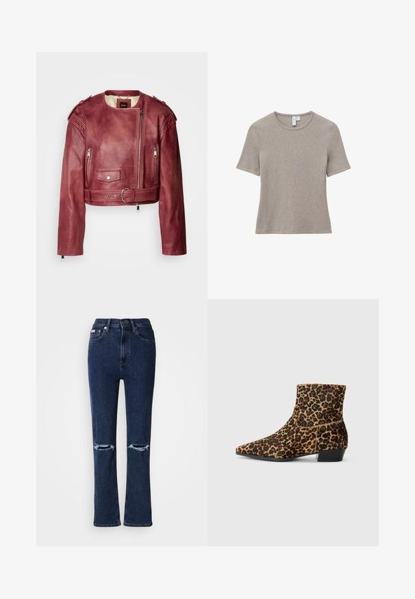 Korte leren jas in diep bordeaux met een ronde halslijn en cropped pasvorm. Heeft ritssluitingen, een ceintuur en gevoerde voering.; Beige T-shirt met korte mouwen en een ronde hals. Gemaakt van ribbelstof, met een rechte snit en een zachte textuur. Minimalistisch design.; Donkerblauwe denim jeans met hoge taille, voorzien van twee beschadigde knielopen, een rechte pijpvorm en subtiele stiksel details.; Enkellaars met luipaardprint gemaakt van gestructureerde stof, met een puntige neus en blokhak. Het ontwerp heeft een slank silhouet en een gedurfd patroon.
