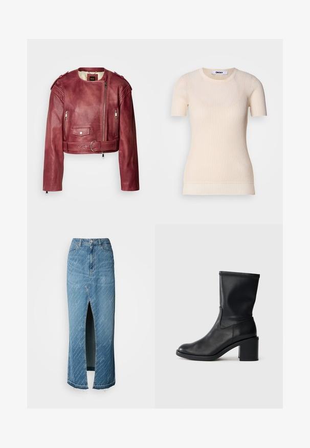 Chaqueta de cuero corta en burdeos profundo con cuello redondo y corte ajustado. Cuenta con cremalleras, una cintura con cinturón y forro acolchado.; Top corto de manga corta de color crema con escote redondo. Fabricado en un material suave, presenta una silueta ajustada y una textura sutil. Etiqueta de DKNY visible.; Falda midi de mezclilla azul con una abertura frontal, textura desgastada y patrón de escritura blanca. Cuenta con una cinturilla clásica y un dobladillo deshilachado.; Botín negro de cuero hasta el tobillo con punta redonda, textura suave y tacón grueso, que presenta un eje ajustado y un sutil detalle de costura.
