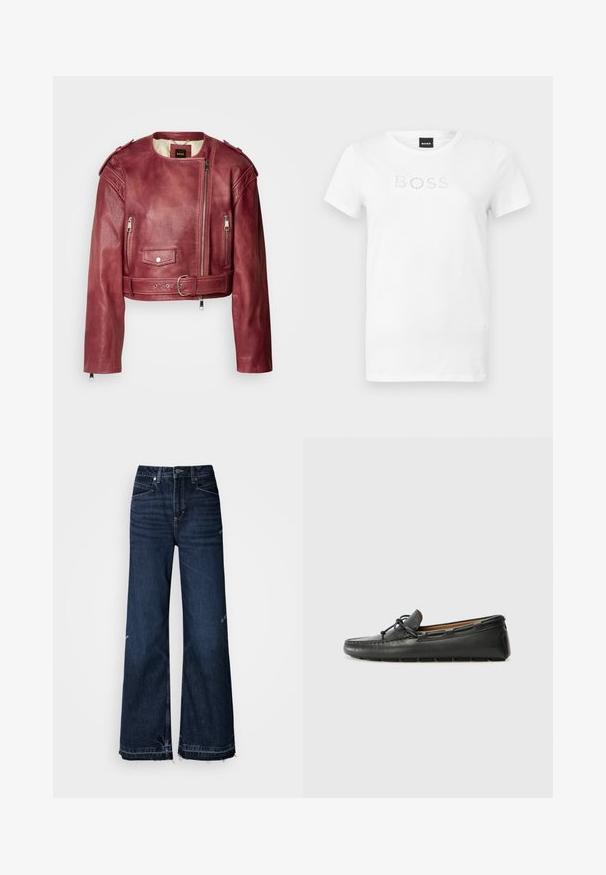 Korte leren jas in diep bordeaux met een ronde halslijn en cropped pasvorm. Heeft ritssluitingen, een ceintuur en gevoerde voering.; Witte T-shirt met korte mouwen en een ronde hals, met de tekst "BOSS" op de borst, gevormd door kleine cirkelpatronen, weergegeven tegen een effen achtergrond.; Jeans met hoge taille en wijde pijpen, gemaakt van donker denim. De jeans hebben rafelige zoom en een ontwerp met vijf zakken met zichtbare stiksels.; Zwarte leren bootshoe met een ronde neus, gestikte details, een kleine strikaccent en een rubberen zool. Soepele textuur en gestroomlijnd ontwerp.