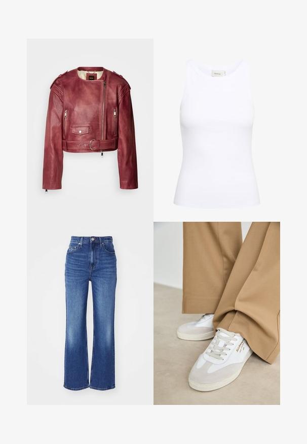 Chaqueta de cuero corta en burdeos profundo con cuello redondo y corte ajustado. Cuenta con cremalleras, una cintura con cinturón y forro acolchado.; Top sin mangas de canalé blanco con escote redondo. Tejido elástico y diseño ajustado. La etiqueta en la parte posterior dice "GESTUZ."; Jeans de mezclilla azul de corte acampanado con cintura alta, cinco bolsillos, un sutil desgaste y costuras en contraste. Presentan una cremallera y cierre de botón.; Zapatillas blancas con detalles de ante, cordones texturizados y suela de goma. Combinadas con un pantalón suelto en tono marrón claro. Logo exhibido en el lateral.