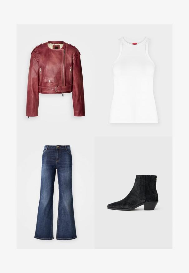 Chaqueta de cuero corta en burdeos profundo con cuello redondo y corte ajustado. Cuenta con cremalleras, una cintura con cinturón y forro acolchado.; Camiseta de tirantes blanca con canalé, cuello alto redondo y forma ajustada, mostrada sobre un fondo claro y sencillo.; Vaqueros acampanados de un azul oscuro, hechos de denim, con cierre de botón en la parte delantera, dos bolsillos frontales y un desvanecimiento mínimo a lo largo de los muslos y dobladillo.; Botín negro hasta el tobillo con punta afilada, material texturizado similar al pelo, panel lateral acanalado y un tacón bajo y cuadrado. Diseño simple y moderno.