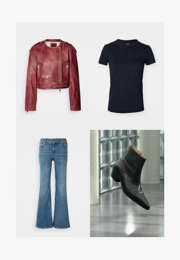 Korte leren jas in diep bordeaux met een ronde halslijn en cropped pasvorm. Heeft ritssluitingen, een ceintuur en gevoerde voering.; Marineblauwe t-shirt met korte mouwen, gemaakt van zachte stof. Heeft een ronde halslijn en een subtiele bedrukte logo aan de voorkant.; Lichtblauwe flare jeans van denim, met vijf zakken, zichtbare stiksels en een knoop- en ritsluiting in de taille.; Zwarte leren enkellaars met een spitse neus en blokhak die zweeft boven een reflecterende grijze vloer nabij een glazen blokmuur.