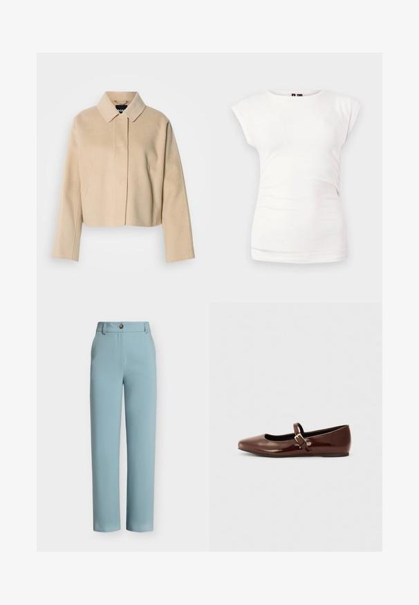 Manteau court beige avec une texture en laine lisse, col pointu et manches longues. Présente une patte de boutonnage à l'avant sans attaches visibles.; T-shirt blanc ajusté à manches courtes avec col rond sur fond uni, avec un léger détail froncé sur le côté.; Pantalon bleu clair à jambes droites avec passants de ceinture, fermeture par bouton et poches latérales avant sur fond uni.; Ballerine en cuir verni marron avec un bout carré et une lanière ornée d'une petite boucle dorée. Texture lisse, talon bas et design minimaliste.