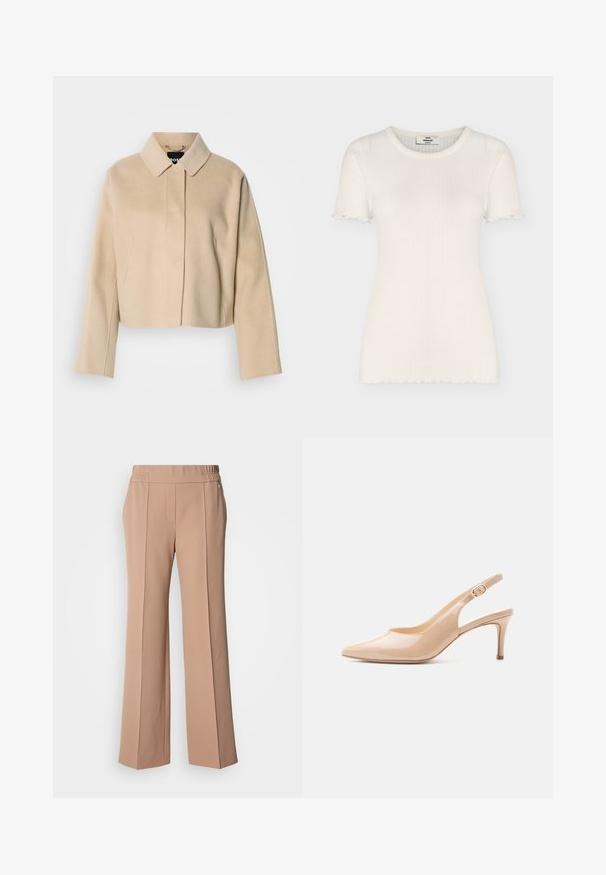 Manteau court beige avec une texture en laine lisse, col pointu et manches longues. Présente une patte de boutonnage à l'avant sans attaches visibles.; Top blanc côtelé à manches courtes avec encolure ronde et bords légèrement froncés aux manches et à l'ourlet.; Pantalon large beige clair en tissu lisse. Il présente une taille élastique et des plis à l'avant pour plus de détail.; Chaussure à talon haut beige en cuir verni avec bout pointu et bride réglable à boucle.