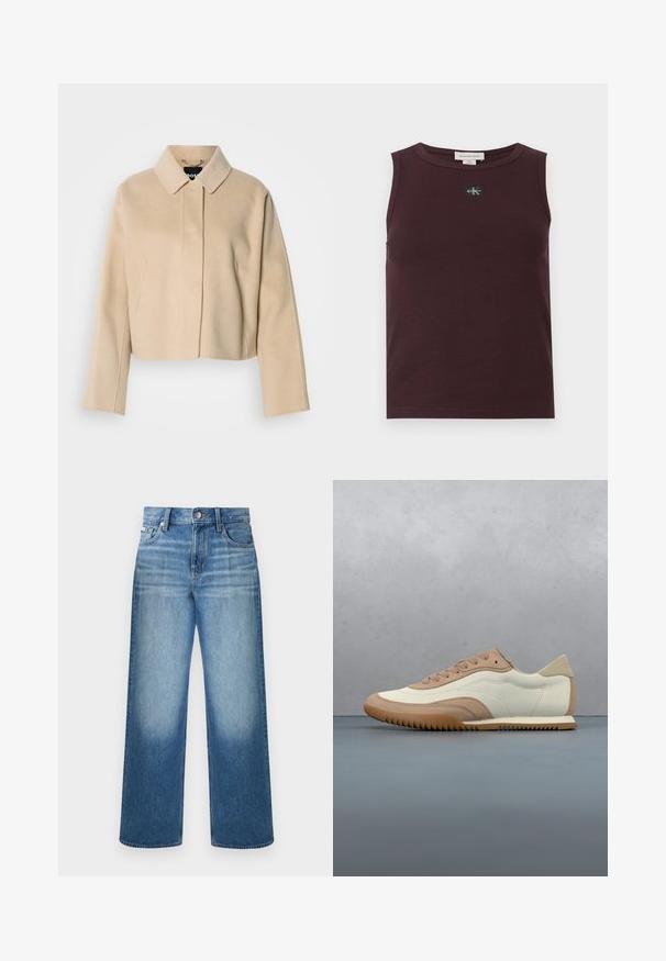 Beige kort frakke med en glat uldtekstur, spids krave og lange ærmer. Har frontstykke uden synlige lukninger.; Bordeauxrød ærmeløs top i ribstrikket stof med sort logo-patch, rund halsudskæring og tætsiddende design. Glat tekstur og ren finish.; Blå straight-leg denimjeans med knap- og lynlåslukning, fem-lomme-design og falmet vask på lår og knæ.; Sneaker i creme og beige med tekstureret overdel, snørebånd og gummisål, vist oven på en træoverflade med småsten.
