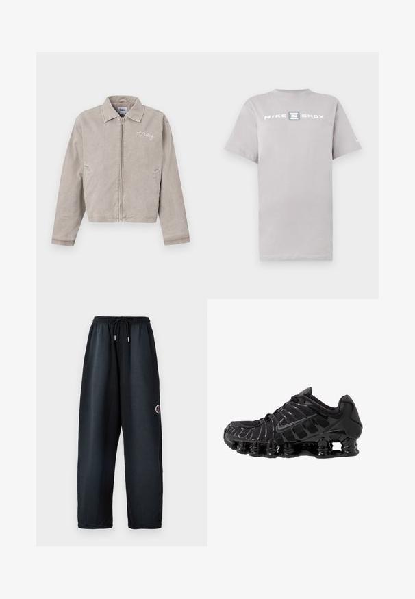 Veste grise courte en velours côtelé avec un col, une fermeture éclair à l'avant et un logo brodé sur la poitrine. Elle possède des poches latérales et une texture unie.; T-shirt en coton gris clair avec col rond et manches courtes, arborant l'inscription "NIKE SHOX" en lettres blanches majuscules sur la poitrine.; Pantalons de survêtement noirs avec une taille élastique et un cordon de serrage. Présente des poches latérales et un logo en rouge et blanc sur la jambe gauche. Tissu doux.; Chaussure de sport noire avec une tige en mesh et des superpositions brillantes. Dotée d'un amorti à ressorts courbés et de lignes texturées sur le côté. Logo Nike visible.