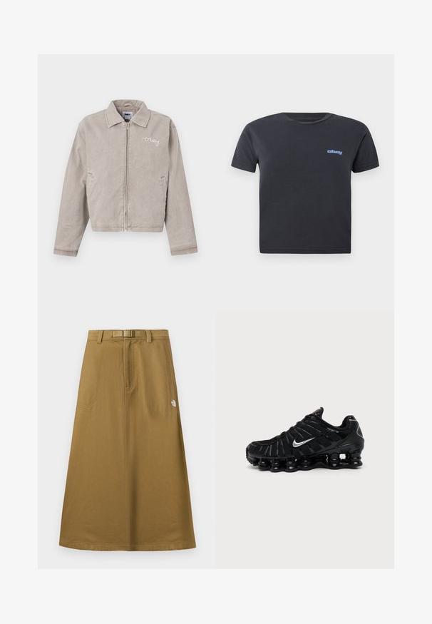 Veste grise courte en velours côtelé avec un col, une fermeture éclair à l'avant et un logo brodé sur la poitrine. Elle possède des poches latérales et une texture unie.; T-shirt en coton noir à manches courtes, col rond, avec un logo bleu "obey" sur la poitrine gauche. Texture lisse, coupe standard.; Jupe longue extérieure beige avec poches avant, ceinture intégrée et logo The North Face sur le côté droit.; Chaussure de sport Nike noire avec logo Swoosh argenté, tige en mesh et synthétique, et semelle coussinée segmentée distinctive.