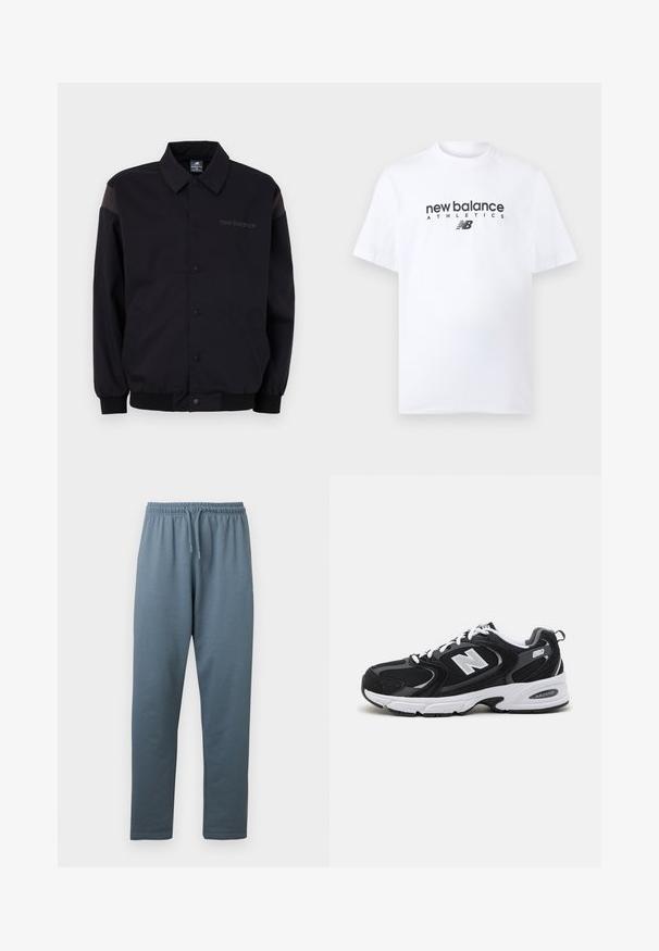 Zwarte jas met een knoopsluiting aan de voorkant, ribbelmanchetten en kraag. Heeft contrasterende schouderpanelen en een logo op de borst. Soepele textuur.; Wit katoenen T-shirt met een ronde hals, met een zwart "new balance"-logo en de tekst "ATHLETICS" gecentreerd op de voorkant. Korte mouwen, standaard pasvorm.; Blauwgrijze sweatpants met elastische taille, verstelbare trekkoord en rechte pijpen, afgebeeld tegen een witte achtergrond.; Zwarte en grijze sport schoenen met een bovenwerk van mesh en suede, voorzien van een witte tussenzool, veters en een gedurfde "N"-logo aan de zijkant.