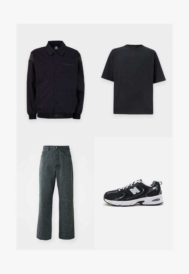 Sort jakke med knaplukning foran, ribbestrikkede manchetter og krave. Har modsatrettede skulderpaneler og et logo på brystet. Glat tekstur.; Sort, kortærmet oversized T-shirt med rund halsudskæring og diskret prægede bogstaver på brystet, vist på en ensfarvet hvid baggrund.; Bredde ben mørkegrå jeans lavet af denim, med høj talje, fem-lomme design og en subtil distressed tekstur.; Sorte og grå sportssko med mesh og ruskind på overdelen, der har en hvid mellemsål, snørebånd og et iøjnefaldende "N" logo på siden.