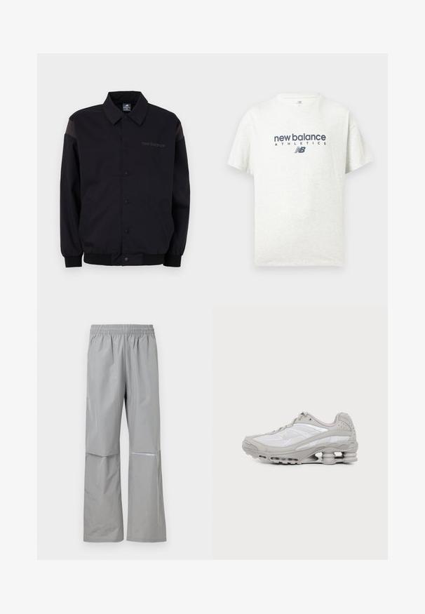 Sort jakke med knaplukning foran, ribbestrikkede manchetter og krave. Har modsatrettede skulderpaneler og et logo på brystet. Glat tekstur.; Hvid kortærmet T-shirt med rund hals og trykket "new balance ATHLETICS" samt "NB"-logo i mørkeblå på midten foran.; Lysegrå vandtætte regnbukser med elastisk talje og refleksstribe på højre ben, designet til udendørs brug.; Grå og hvid atletiksko med synlig luftpolstret sål og mesh-paneler, vist i profil på en ensartet lys baggrund.