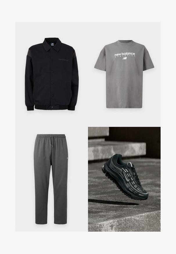 Chaqueta negra con cierre de botones en el frente, puños y cuello acanalados. Presenta paneles en los hombros de contraste y un logo en el pecho. Textura suave.; Camiseta de algodón gris con cuello redondo, mangas cortas y logo blanco "new balance ATHLETICS" impreso en el frente.; Pantalones deportivos de forro polar de color gris oscuro con cintura elástica y cordón, con un pequeño logo en el muslo derecho.; Zapatilla Nike Air Max negra y gris flotando sobre escalones de hormigón gris con fondo de suelo texturizado.