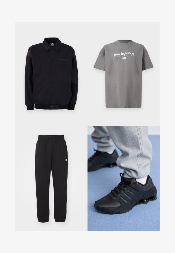 Sort jakke med knaplukning foran, ribbestrikkede manchetter og krave. Har modsatrettede skulderpaneler og et logo på brystet. Glat tekstur.; Grå bomulds T-shirt med rund hals, korte ærmer og hvidt "new balance ATHLETICS" logo trykt på fronten.; Sorte sweatpants lavet af blødt stof, med en elastisk talje med snor, manchetter ved anklerne og et lille logo på det øverste lår.; Person iført sorte Nike Shox sneakers og grå joggingbukser, der står på lyseblåt tæppe.