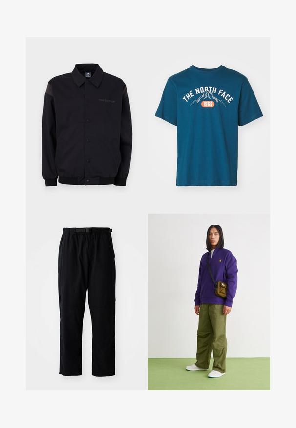 Sort jakke med knaplukning foran, ribbestrikkede manchetter og krave. Har modsatrettede skulderpaneler og et logo på brystet. Glat tekstur.; The North Face M VARSITY GRAPHIC RELAXED SS TEE - T-shirts print - midnight petrol; Sorte, letvægtsbukser med lige ben, elastisk talje, justerbart bælte og forstærkede knælapper. Ingen synlige mønstre eller accenter.; Jordan AIR JORDAN 1 ZM CMFT 2 - Sneakers high - summit white/bicoastal/oxidized green