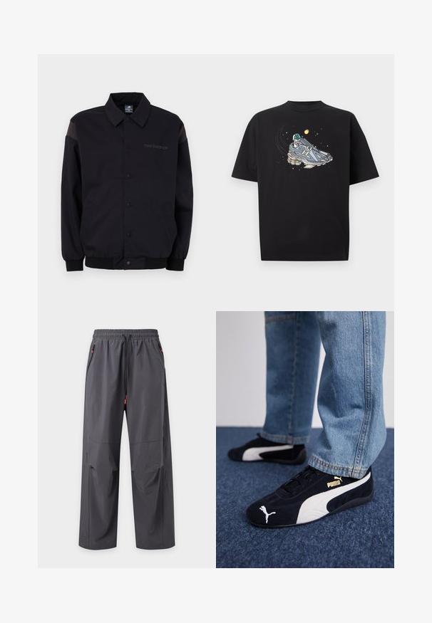 Zwarte jas met een knoopsluiting aan de voorkant, ribbelmanchetten en kraag. Heeft contrasterende schouderpanelen en een logo op de borst. Soepele textuur.; Zwart t-shirt met een afbeelding van een grijze sneaker in de ruimte, met een klein astronautfiguurtje en hemelse elementen eromheen.; Donkergrijze lichtgewicht broek met elastische tailleband, aantrekkoord, ritszakken aan de zijkant en licht taps toelopende pijpen.; Zwarte suède sneakers met witte accenten, voorzien van een gouden logo. Gemaakt met lichtblauwe spijkerbroek en geplaatst op een textuur blauwe ondergrond.