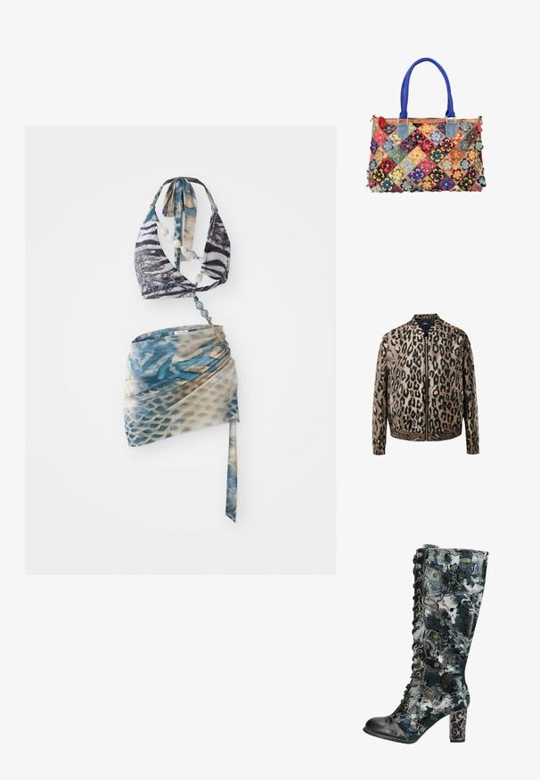 Beige und schwarzer Leopardenmuster-Reißverschlussjacke mit elastischen Bündchen und Saum, Stehkragen und einem metallischen Reißverschluss vorne.; Bikini-Oberteil mit einem Halsbanddesign in einem schwarz-weißen Zebra-Druck, kombiniert mit einem blauen und beigen gemusterten Wickelrock.; Schwarz-grauer blumiger Schnürstiefel mit hohem Absatz, dekorativen Nähten und geschnitztem, ornamentalem Blockabsatz.; Bunte Patchwork-Handtasche mit blauen Griffen, dekoriert mit mehrfarbigen Lederblumen-Applikationen auf weißem Hintergrund.