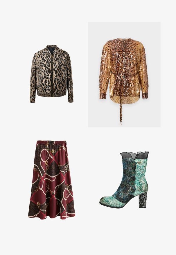 Beige og sort leopardprintet zip-up jakke med elastiske manchetter og talje, stående krave og metal lynlås foran.; Rabanne Bluse - hairy/brown/black; Midi-nederdel med elastisk talje, bordeaux og mørkebrun leopardprint baggrund, dekoreret med hvide reb og guldkædemønstre.; Ankelstøvle med et mønstret overdel i turkis og sort, blomstrede detaljer og en sort blondekant. Har en dekorativ høj hæl med intrikat design.