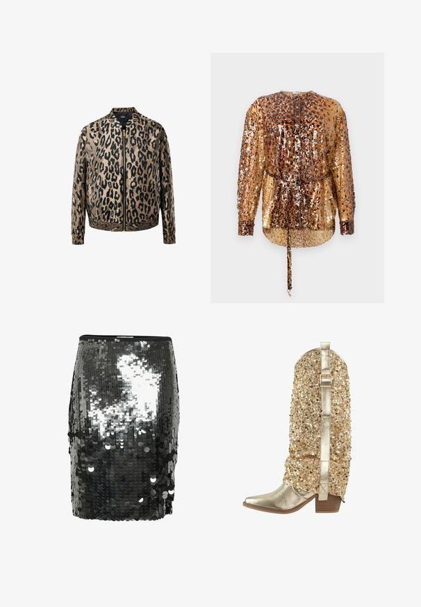Beige og sort leopardprintet zip-up jakke med elastiske manchetter og talje, stående krave og metal lynlås foran.; Rabanne Bluse - hairy/brown/black; Sort sequin mini nederdel med et tætsiddende design, glat tekstur og skinnende reflekterende overflade, med en taljeelastik øverst.; Guld glamour cowboy støvle med en skinnende metal-skaft, tekstureret glitrende overdel, firkantet tå og en blokhæl med en dekorerende rem.
