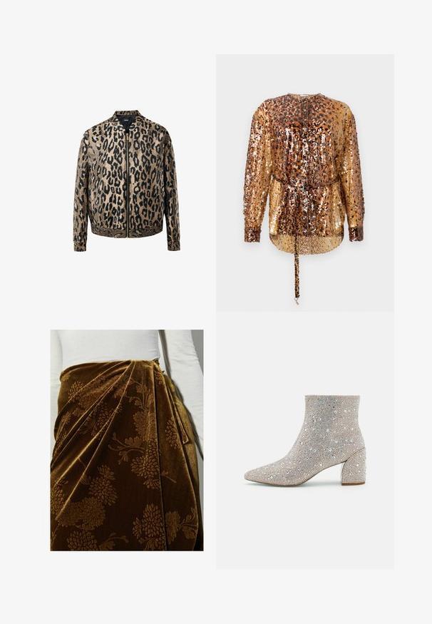 Chaqueta con estampado de leopardo en beige y negro, con cremallera frontal metálica, cuello de pie y puños y cintura elásticos.; Rabanne Blusa - hairy/brown/black; Falda de terciopelo marrón con un patrón floral, que presenta un diseño drapeado y una textura suave. Combinada con una blusa blanca de canalé.; Blue by Betsey Johnson Botines - silver-coloured