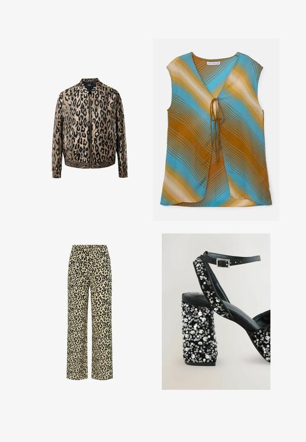 Beige en zwarte luipaardprint zip-up jack met elastische manchetten en tailleband, opstaande kraag en een metalen ritssluiting aan de voorkant.; Multicolore mouwloze top in blauw, bruin en crème met golvende strepen. Heeft een V-halslijn en een strikdetail aan de voorkant.; Beige broek met luipaardprint en zwarte vlekken, met een elastische tailleband en zachte, lichte stof.; Zwarte hoge hakken sandaal met een chunky hak bedekt met pailletten. Heeft een dunne enkelband en zacht materiaal aan de bovenkant.