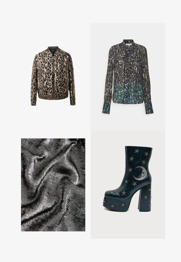 Veste zippée léopard beige et noir avec des poignets et une taille élastiques, col montant et fermeture avant à glissière métallique.; Patrizia Pepe CAMICIA - Chemisier - dark multicolor; Tissu texturé noir et argent avec une finition scintillante, présentant des vagues lisses et fluides ainsi qu'un éclat subtil.; Botte noire à plateforme avec talon bloc, décorée d'étoiles brodées argentées et d'un croissant de lune sur le côté.