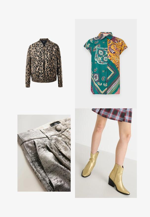 Beige og sort leopardprintet zip-up jakke med elastiske manchetter og talje, stående krave og metal lynlås foran.; Kortærmet skjorte med knapper foran i grønne og gule paisley- og geometriske lapper på en hvid baggrund.; Metallisk sølvfarvede bukser lavet af et blødt, tekstureret stof. Har folder og en knaplukning. Mærket er synligt på taljen.; Guldankelstøvler med spids tå og sort hæl. Fremstillet af et skinnende, glat materiale, med en sidestrømpe og syede detaljer.