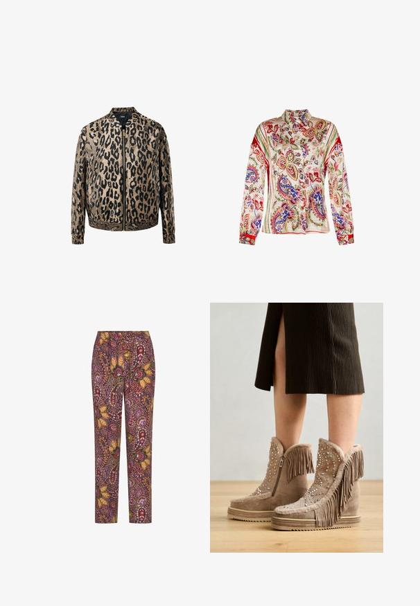 Beige und schwarzer Leopardenmuster-Reißverschlussjacke mit elastischen Bündchen und Saum, Stehkragen und einem metallischen Reißverschluss vorne.; Langärmliges Hemd zum Knöpfen mit bunten Blumen- und Paisley-Mustern in Rot-, Blau-, Grün- und Beigetönen auf hellem Hintergrund.; Mehrfarbige Hose mit Gummizug, die ein Paisley-Muster in den Farben Rosa, Orange und Grün zeigt, mit einer glatten, leichten Textur.; Beige Wedge-Stiefel mit Fransen und dekorativen Strasssteinen, mit einem Seiteneingriff und einem strukturierten Wildleder-Obermaterial sowie einer dicken, strukturierten Sohle.