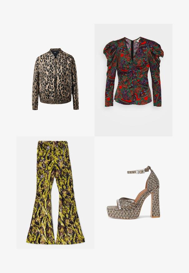 Beige en zwarte luipaardprint zip-up jack met elastische manchetten en tailleband, opstaande kraag en een metalen ritssluiting aan de voorkant.; Veronica Beard SIMMONS - Blouse - flame red multi; AKNVAS EXCLUSIVE LENNON BEADED PANT - Broek - ink citrine; Sandaal met plateauzool en hoge hak, enkelriem met meerkleurige strass steentjes, open teen en stevige hak.