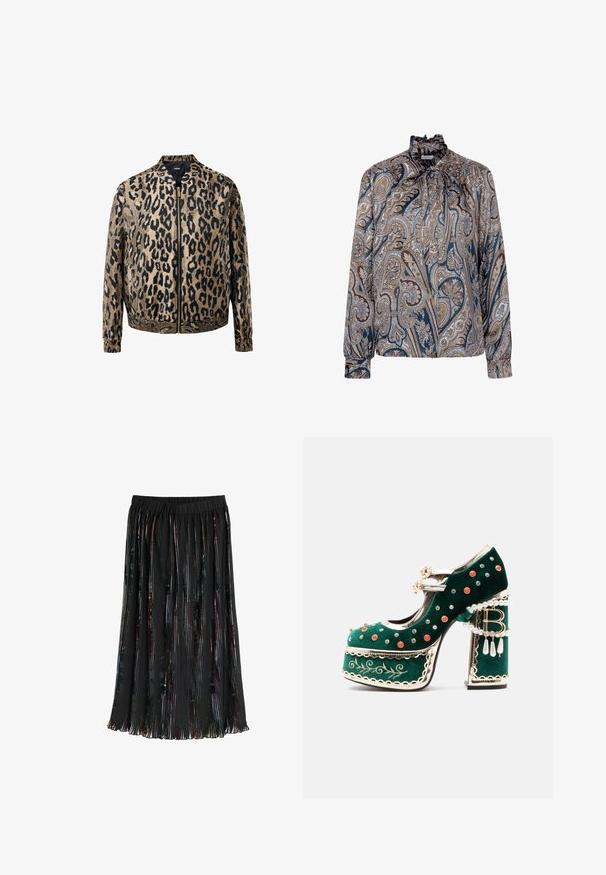 Beige og sort leopardprintet zip-up jakke med elastiske manchetter og talje, stående krave og metal lynlås foran.; Langærmet bluse med flæsekant og sløjfe, med detaljeret paisley-mønster i blå, brune og beige nuancer.; Sort plisseret midi nederdel med halv-gennemsigtige lodrette striber og elastik i taljen.; Grøn fløjlsplatformsko med dekorative røde og sølvnitter, perleseler, guldkant, broderi og en blokhæl med dinglende perler og en "B"-vedhæng.
