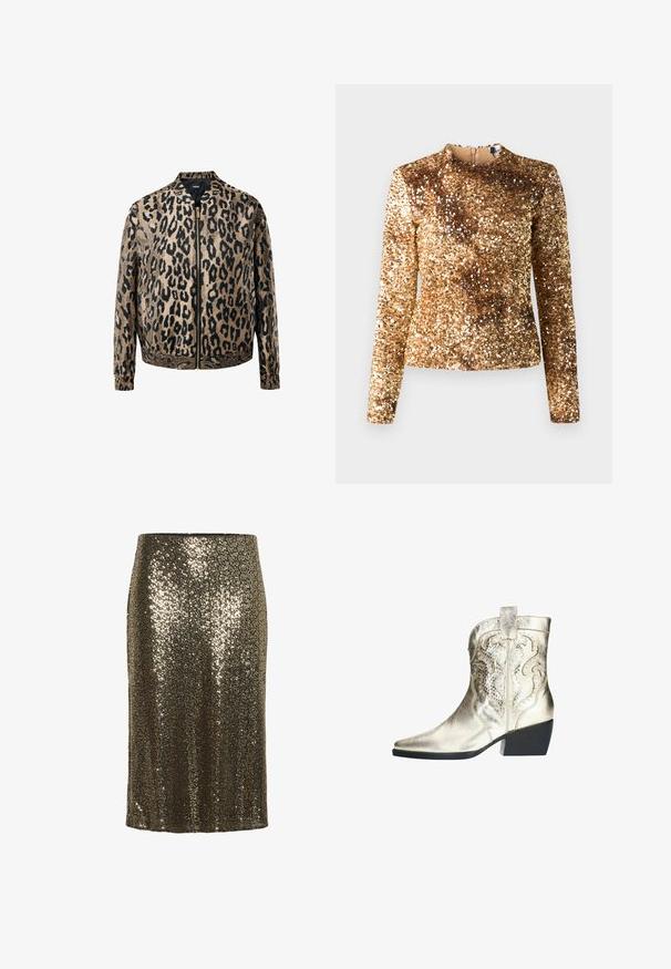 Beige en zwarte luipaardprint zip-up jack met elastische manchetten en tailleband, opstaande kraag en een metalen ritssluiting aan de voorkant.; Gouden pailletten top met lange mouwen, een hoge halslijn en een getailleerd silhouet. Gladde textuur, uniform glinsterend patroon, verborgen ritssluiting aan de achterkant.; Lange pailletten pencil skirt in gouden en bronzen tinten, strakke pasvorm, gladde voering, knie-lengte, met glinsterende reflecterende details.; Metalen gouden cowboylaarzen met een puntige neus, decoratieve stiksels en uitsnijdingen; gestapelde hak en een treklus aan de achterkant voor gemakkelijk aan- en uittrekken.