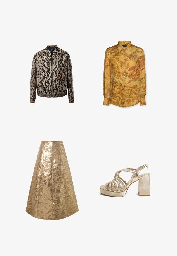 Beige en zwarte luipaardprint zip-up jack met elastische manchetten en tailleband, opstaande kraag en een metalen ritssluiting aan de voorkant.; Overhemd met lange mouwen en knopen, voorzien van een spitse kraag en een bruin-oranje ingewikkeld bloemig paisley-patroon op een mosterdgele achtergrond.; Gouden A-lijn rok met een glanzend, gestructureerd patroon dat lijkt op een abstract dierenprint, met verticale naden voor structuur.; Gouden sandaal met hoge hak, gevlochten bandjes, open teen en een dikke, vierkante hak. Gladde metalen textuur met een plateau-ontwerp.