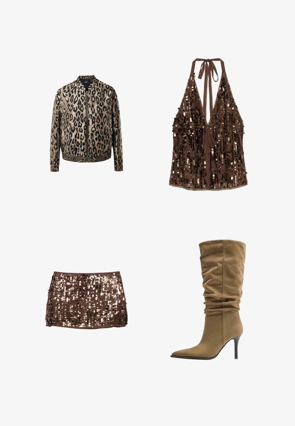 Beige og sort leopardprintet zip-up jakke med elastiske manchetter og talje, stående krave og metal lynlås foran.; Brun haltertop med dyb V-udskæring, dækket af mørke og lysebrune palietter, bundet ved nakke og midt på ryggen.; Kort brun mininederdel dækket med skinnende pailletter og snøre i linningen, vist på hvid baggrund.; Tan ruskind midt på skaftet slouch-støvle med spids snude og tynd sort høj hæl.
