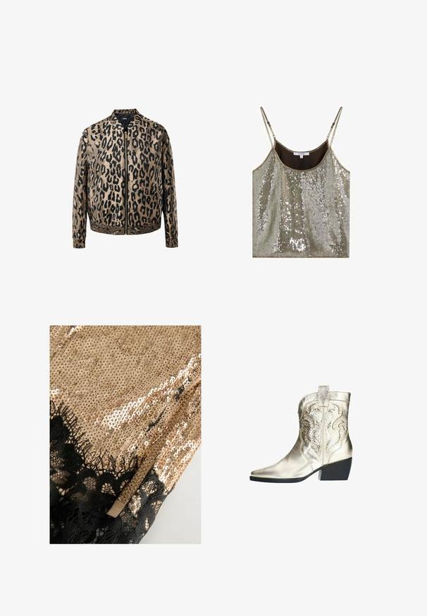 Beige en zwarte luipaardprint zip-up jack met elastische manchetten en tailleband, opstaande kraag en een metalen ritssluiting aan de voorkant.; Zilveren pailletten mouwloze top met dunne, verstelbare bandjes en een ronde halslijn, ontworpen voor een glanzende, feestelijke uitstraling.; Gouden paillettenstof met een glanzend oppervlak, voorzien van een delicate zwarte kantafwerking langs één rand. Het ontwerp is glad en reflecterend.; Metalen gouden cowboylaarzen met een puntige neus, decoratieve stiksels en uitsnijdingen; gestapelde hak en een treklus aan de achterkant voor gemakkelijk aan- en uittrekken.