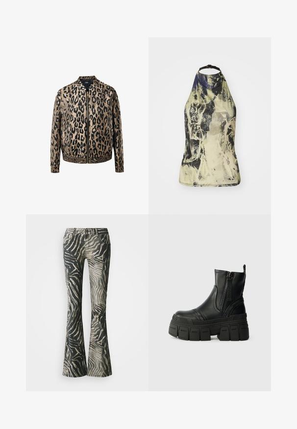 Chaqueta con estampado de leopardo en beige y negro, con cremallera frontal metálica, cuello de pie y puños y cintura elásticos.; Top de cuello halter con un estampado abstracto en tonos claros de verde, amarillo y azul. Presenta una tira ajustable negra y un diseño ajustado.; Jeans acampanados en un patrón de cebra negro y beige, con material de mezclilla, diseño de cinco bolsillos y detalles de costura visibles.; Botines negros de tobillo hechos de cuero suave, con una gruesa suela de plataforma, cremallera frontal y detalles de costura texturizada.