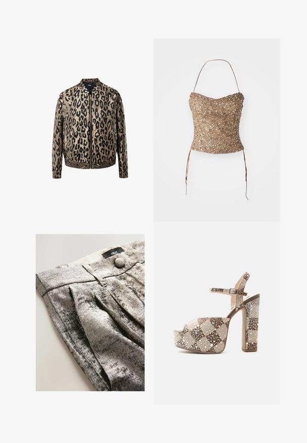 Veste zippée léopard beige et noir avec des poignets et une taille élastiques, col montant et fermeture avant à glissière métallique.; Top sans bretelles tressé en or, avec une surface texturée et pailletée et des liens à la taille pour un ajustement réglable. Silhouette lisse et ajustée.; Pantalons en tissu métallique gris avec un design plissé, dotés d'une taille et d'un bouton de fermeture. Texture lisse avec un éclat réfléchissant.; Sandale à plateforme à talon haut avec bride à la cheville, tissu beige à carreaux, ornée de petites perles irisées et de perles nacrées.