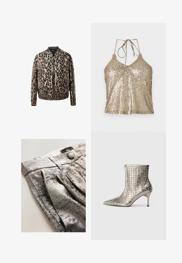 Beige en zwarte luipaardprint zip-up jack met elastische manchetten en tailleband, opstaande kraag en een metalen ritssluiting aan de voorkant.; Gouden pailletten haltertop met een V-hals, verstelbare ties en een gestructureerd oppervlak. Kenmerkt een losse pasvorm en glanzende, reflecterende pailletten over het geheel.; Grijze metalen stof broek met een geplooid ontwerp, voorzien van een tailleband en een knoopsluiting. Gladde textuur met een reflecterende glans.; Zilveren enkelboot met spitse neus, gestepte textuur, metallic afwerking en een slanke, cilindrische hak. Zijrits voor bevestiging.
