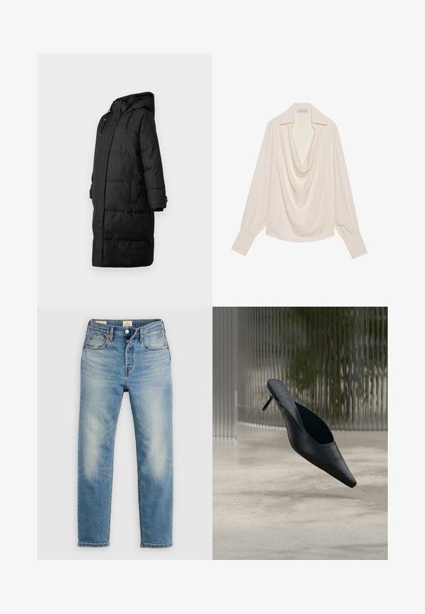 Zwarte pufferjas met een capuchon, voorzakken en een lange snit. Gemaakt van een gladde stof met een gewatteerde textuur en een verborgen rits.; Blouse met col van lichtcrème stof, met lange mouwen, een ontspannen pasvorm, omgeslagen manchetten en naadloze draping bij de halslijn.; Lichtblauwe spijkerbroeken met een rechte pijp, vervaagde details, contrasterende stiksels, vijf zakken en een knoopsluiting.; Zwarte mule met puntige neus en dunne hoge hak, die boven een gladde betonnen vloer zweeft, met een wazige verticale gestreepte achtergrond.