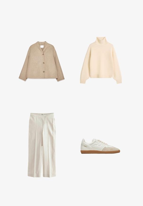 Beige wollen jas met een ontspannen pasvorm, een sjawl-kraag, vier zichtbare grote knopen en lange mouwen. Soepele textuur en minimalistisch ontwerp.; Gebreide trui met col in roomkleurige ribstof. Heeft lange, licht opgepofte mouwen en een relaxte pasvorm.; Next ASYMETRIC WAITBAND TAILORED WIDE LEG - Broek - neutral; Witte sneakers met beige suède accenten, rubberen zool en prominent logo. Heeft textuurrijke panelen en platte veters. Verstevigd teendesign.