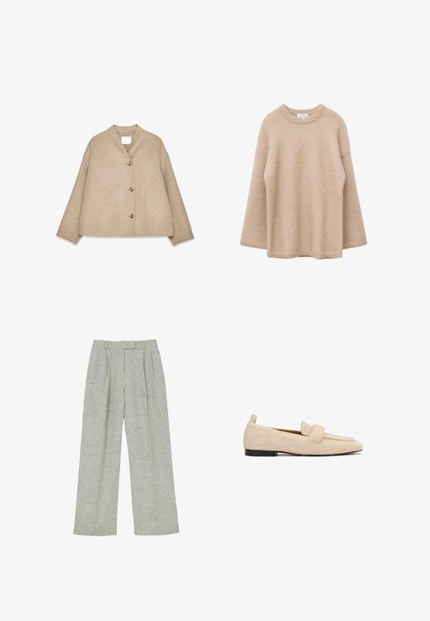 Beige wollen jas met een ontspannen pasvorm, een sjawl-kraag, vier zichtbare grote knopen en lange mouwen. Soepele textuur en minimalistisch ontwerp.; Beige trui met lange mouwen, ronde hals, zachte, pluizige textuur en een losse pasvorm, weergegeven tegen een witte achtergrond.; Grijze wollen broek met hoge taille, subtiel visgraatmotief, plooien aan de voorkant en riemlussen langs de tailleband.; Beige platte loafer met een gestructureerd, bontachtig oppervlak, zwarte zool en een brede band over het bovenste deel van de schoen.
