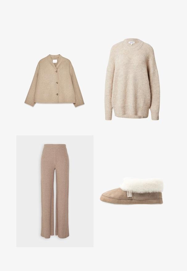 Beige wollen jas met een ontspannen pasvorm, een sjawl-kraag, vier zichtbare grote knopen en lange mouwen. Soepele textuur en minimalistisch ontwerp.; Beige gebreide trui met een ronde hals, verlaagde schouders en geribbelde manchetten en zoom. Heeft een gestructureerde, licht losse pasvorm.; Beige geribbelde wijde broek met een hoge tailleband en zachte textuur, met een losse pasvorm en zonder zichtbare sluitingen.; Tan suède slippers met een witte fluffy schacht, zachte textuur, rond neusdesign en een witte buitenzool. Heeft een zichtbare gestikte naad en label.