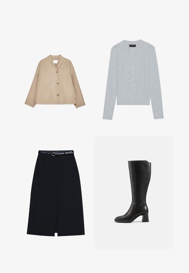 Beige wollen jas met een ontspannen pasvorm, een sjawl-kraag, vier zichtbare grote knopen en lange mouwen. Soepele textuur en minimalistisch ontwerp.; Grijze cardigan met lange mouwen van geribbelde stof, voorzien van een ronde halslijn en zes knopen aan de voorkant met een lichte glans.; Zwarte knie-lange rok met een vooraanstaande split, gemaakt van gladde stof. Heeft een dunne zwarte riem met een zilveren gesp en riemlussen.; Zwarte leren kniehoge laars met blokhak en afgeronde neus, zijaanzicht op een effen achtergrond.